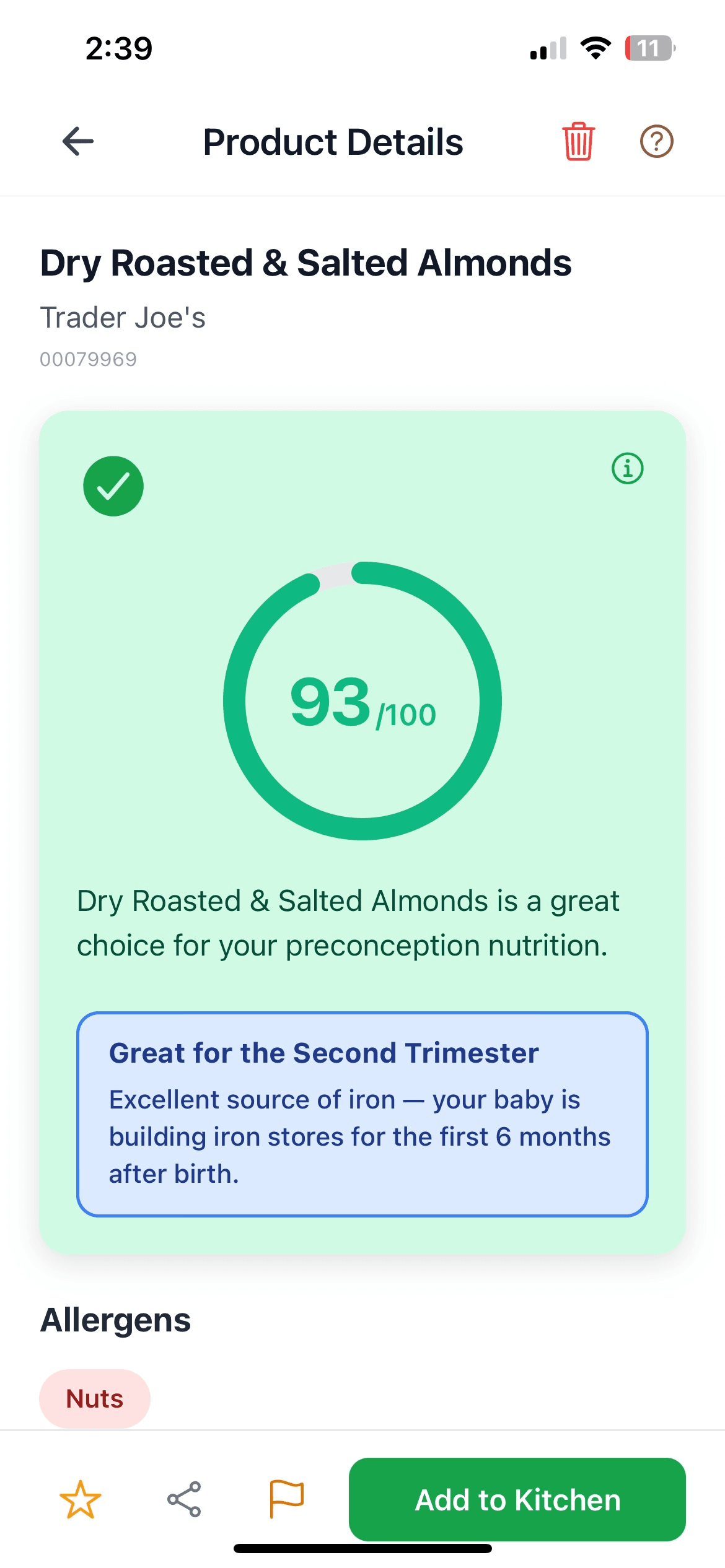 Good Roots scan result — Trader Joe's Dry Roasted & Salted Almonds scored 93 out of 100