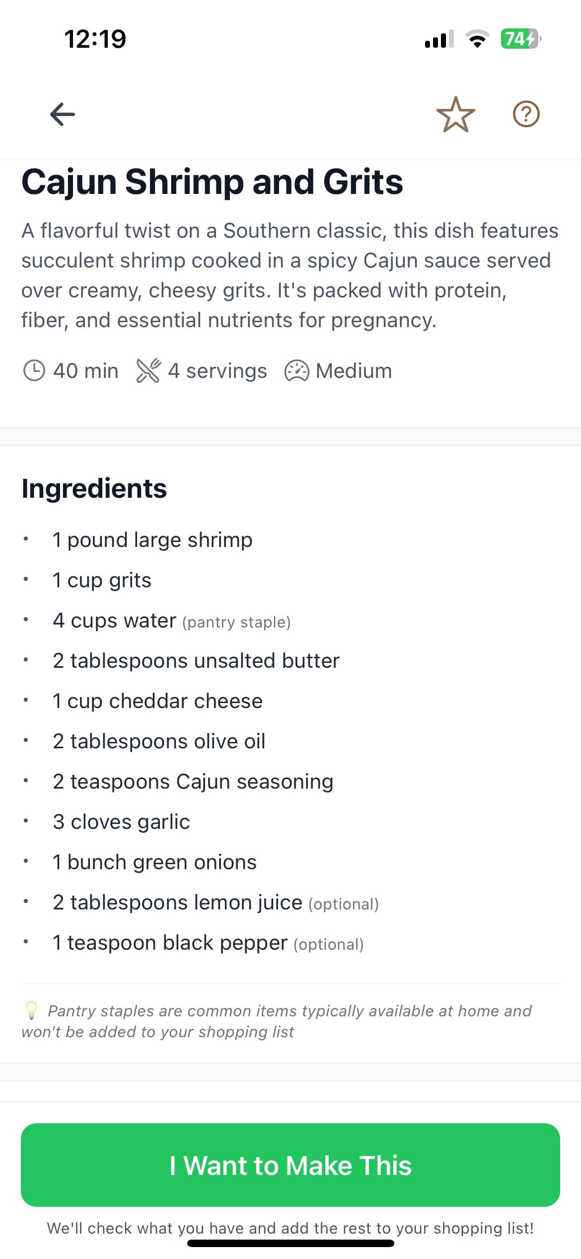 Good Roots recipe screen showing Cajun Shrimp and Grits with ingredients and an I Want to Make This button